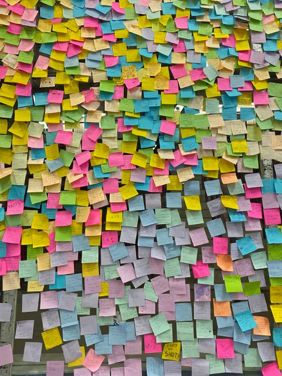 a wall covered in sticky notes